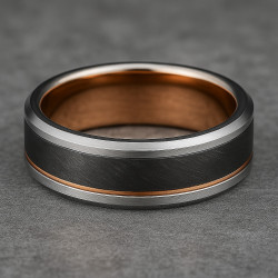 "Steel Balance" Men’s Ring – Tungsten Carbide, Black, Silver & Rose Gold
