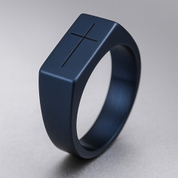 "Truth" Ring – Stainless Steel with Matte Blue Titanium and Engraved Cross, 8mm
